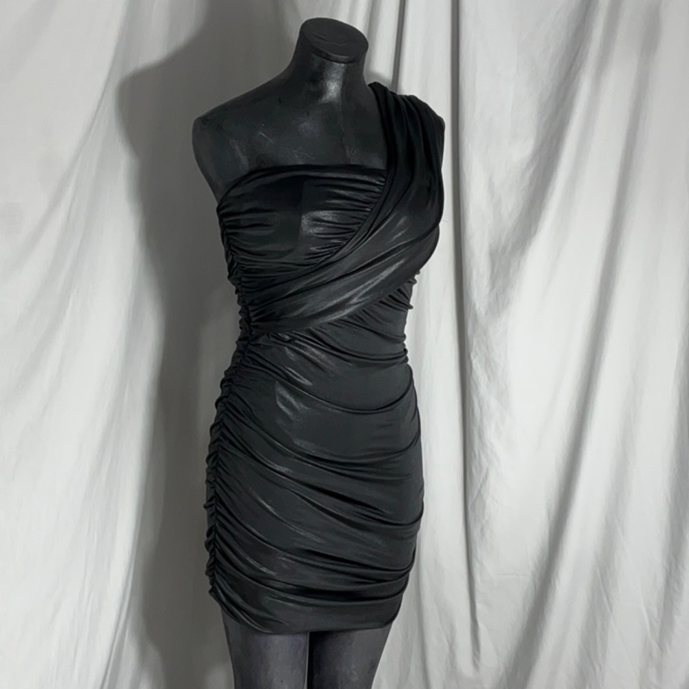 Bebe Metallic Black Ruched One Shoulder Bodycon Party Dress Size Medium